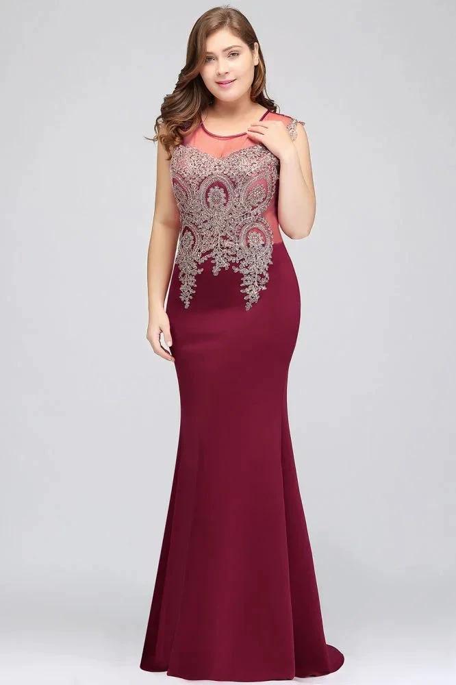 Mermaid Scoop Floor Length Plus size Sleeveless Appliques Burgundy Evening Dresses by misshow.com