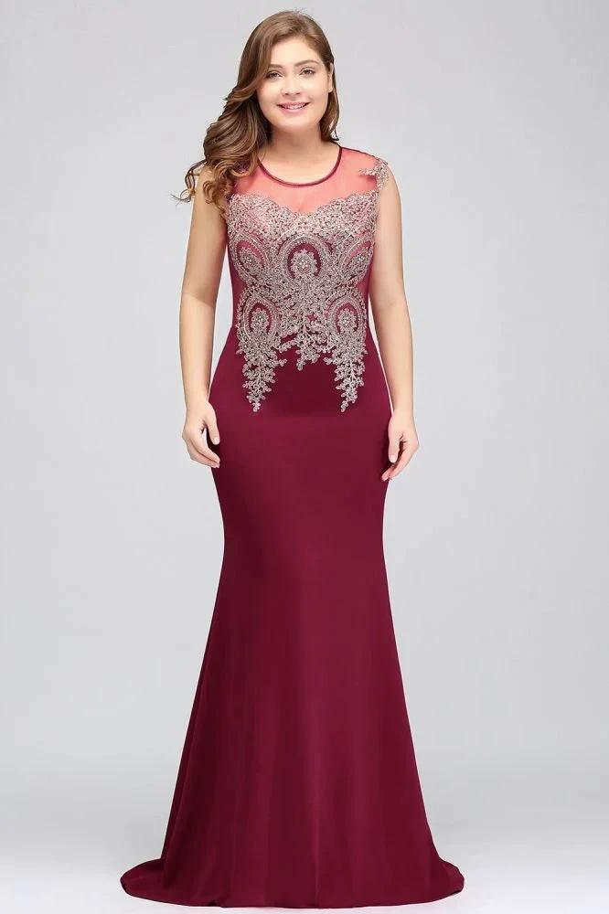 Mermaid Scoop Floor Length Plus size Sleeveless Appliques Burgundy Evening Dresses by misshow.com