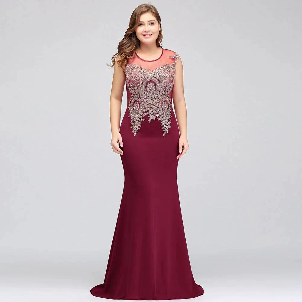 Mermaid Scoop Floor Length Plus size Sleeveless Appliques Burgundy Evening Dresses by misshow.com