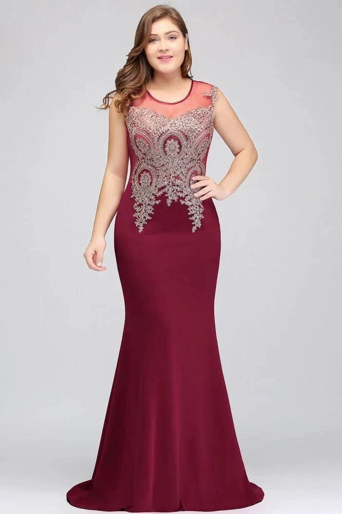 Mermaid Scoop Floor Length Plus size Sleeveless Appliques Burgundy Evening Dresses by misshow.com