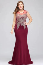 Mermaid Scoop Floor Length Plus size Sleeveless Appliques Burgundy Evening Dresses by misshow.com