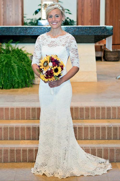 Mermaid Scoop Open Back Long Sleeves Wedding Dresses With Appliques WD004 by pgmdress