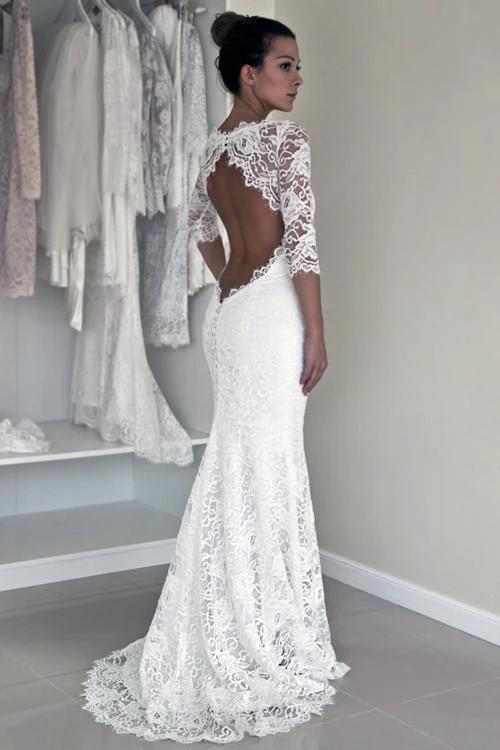 Mermaid Scoop Open Back Long Sleeves Wedding Dresses With Appliques WD004 by pgmdress