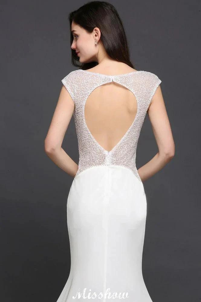Mermaid Scoop White Chiffon Beadings Evening Dress by misshow.com