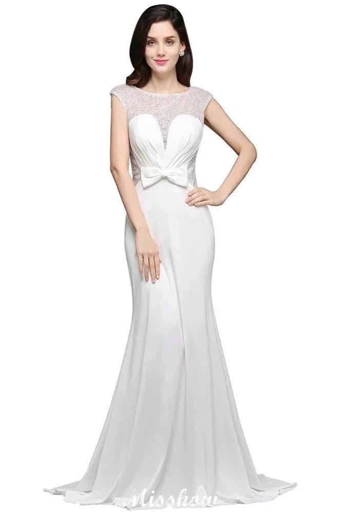 Mermaid Scoop White Chiffon Beadings Evening Dress by misshow.com