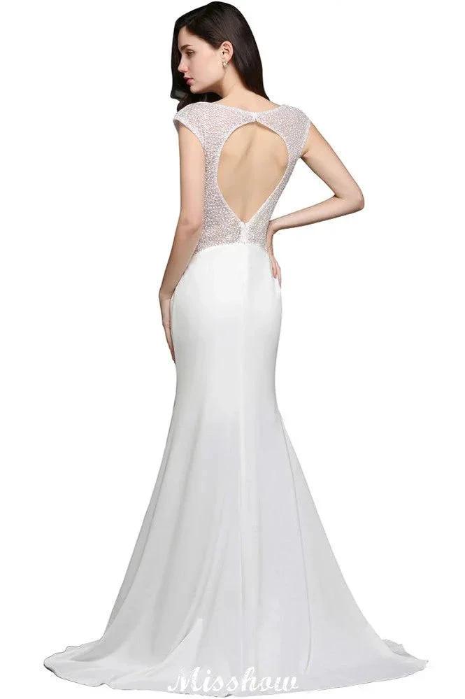 Mermaid Scoop White Chiffon Beadings Evening Dress by misshow.com