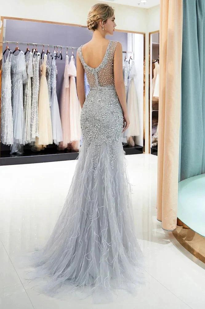 Mermaid Sleeveless Illusion Neckline Crystal Sqeuined Tulle Evening Dress by misshow.com