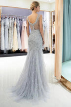 Mermaid Sleeveless Illusion Neckline Crystal Sqeuined Tulle Evening Dress by misshow.com