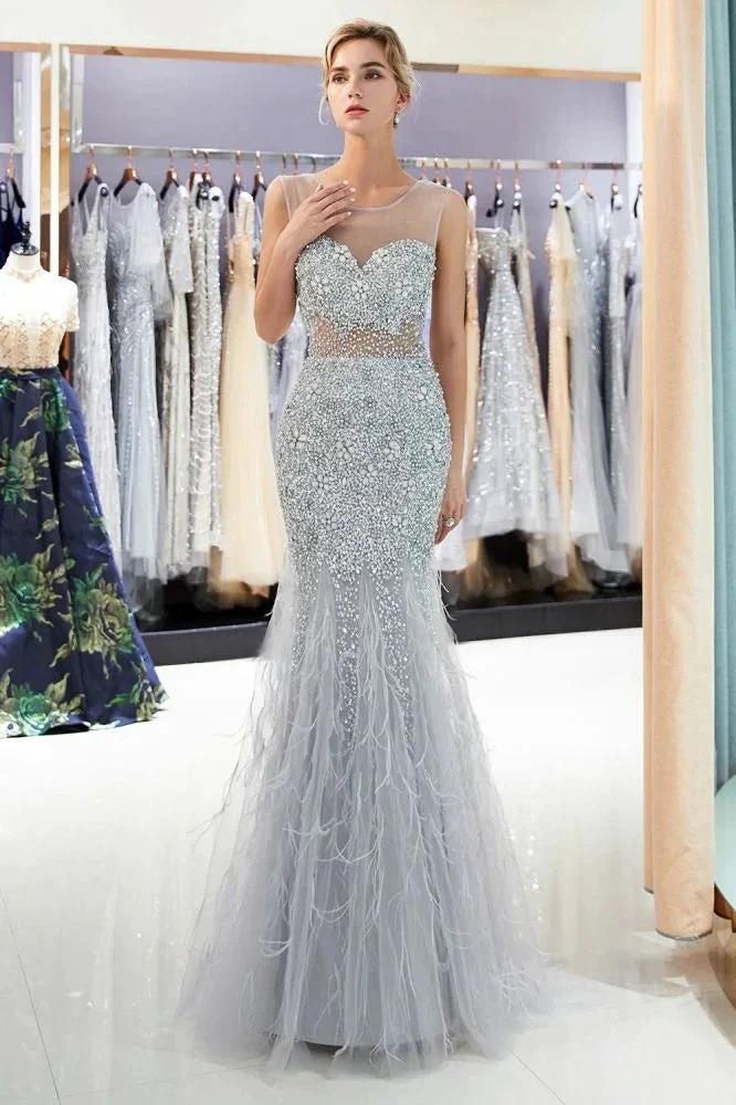 Mermaid Sleeveless Illusion Neckline Crystal Sqeuined Tulle Evening Dress by misshow.com