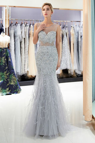 Mermaid Sleeveless Illusion Neckline Crystal Sqeuined Tulle Evening Dress