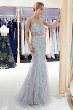 Mermaid Sleeveless Illusion Neckline Crystal Sqeuined Tulle Evening Dress by misshow.com