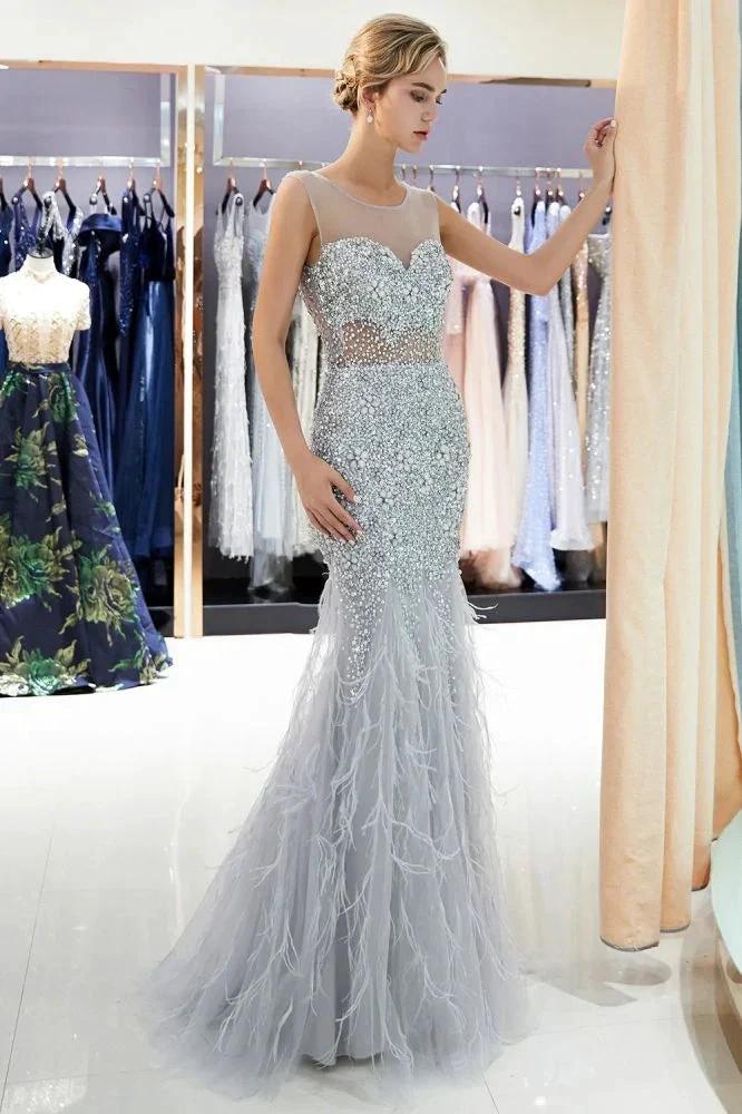 Mermaid Sleeveless Illusion Neckline Crystal Sqeuined Tulle Evening Dress by misshow.com