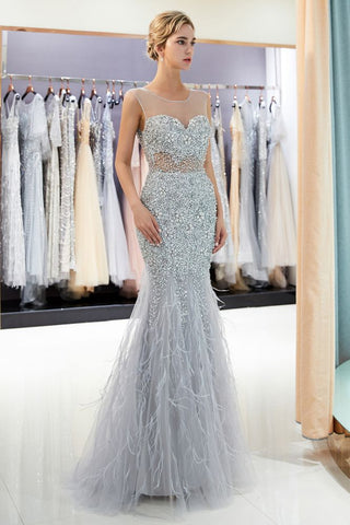 Mermaid Sleeveless Illusion Neckline Crystal Sqeuined Tulle Evening Dress