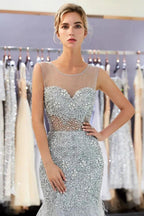 Mermaid Sleeveless Illusion Neckline Crystal Sqeuined Tulle Evening Dress by misshow.com