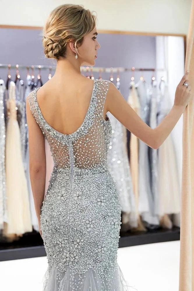 Mermaid Sleeveless Illusion Neckline Crystal Sqeuined Tulle Evening Dress by misshow.com