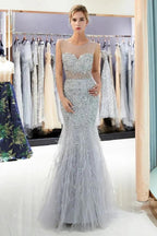 Mermaid Sleeveless Illusion Neckline Crystal Sqeuined Tulle Evening Dress by misshow.com