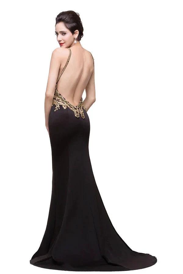 Mermaid Spaghetti strap Flower-length Black Formal Dresses with Beads by misshow.com