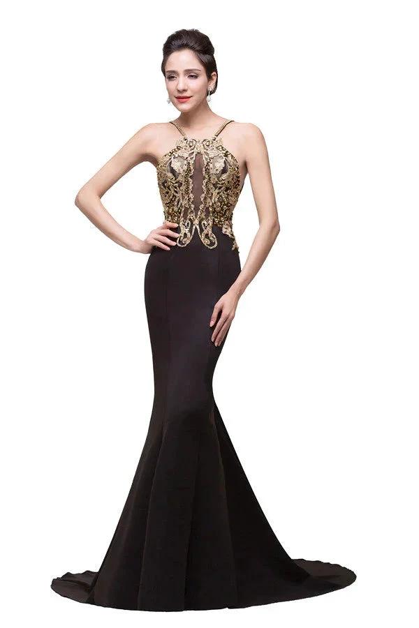 Mermaid Spaghetti strap Flower-length Black Formal Dresses with Beads by misshow.com
