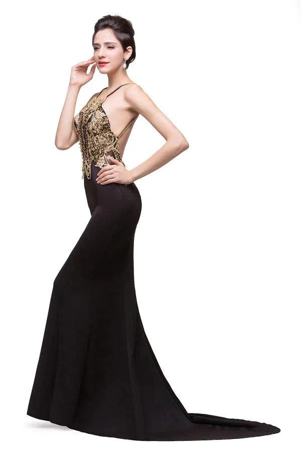Mermaid Spaghetti strap Flower-length Black Formal Dresses with Beads by misshow.com