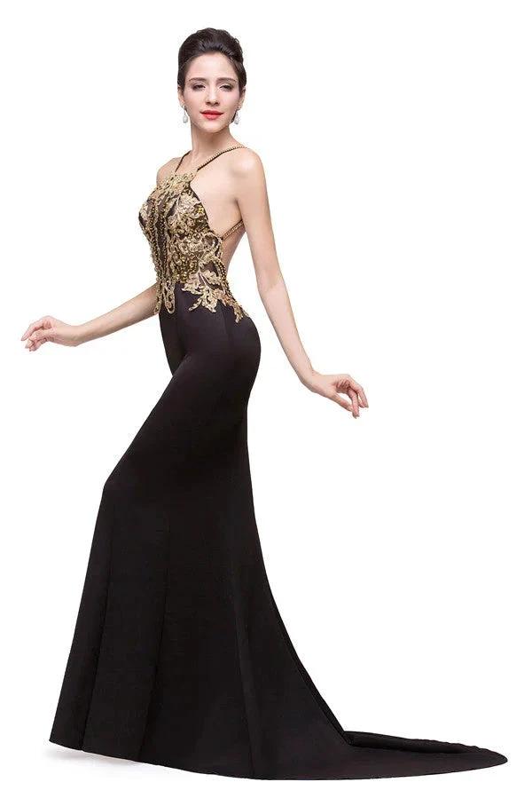 Mermaid Spaghetti strap Flower-length Black Formal Dresses with Beads by misshow.com