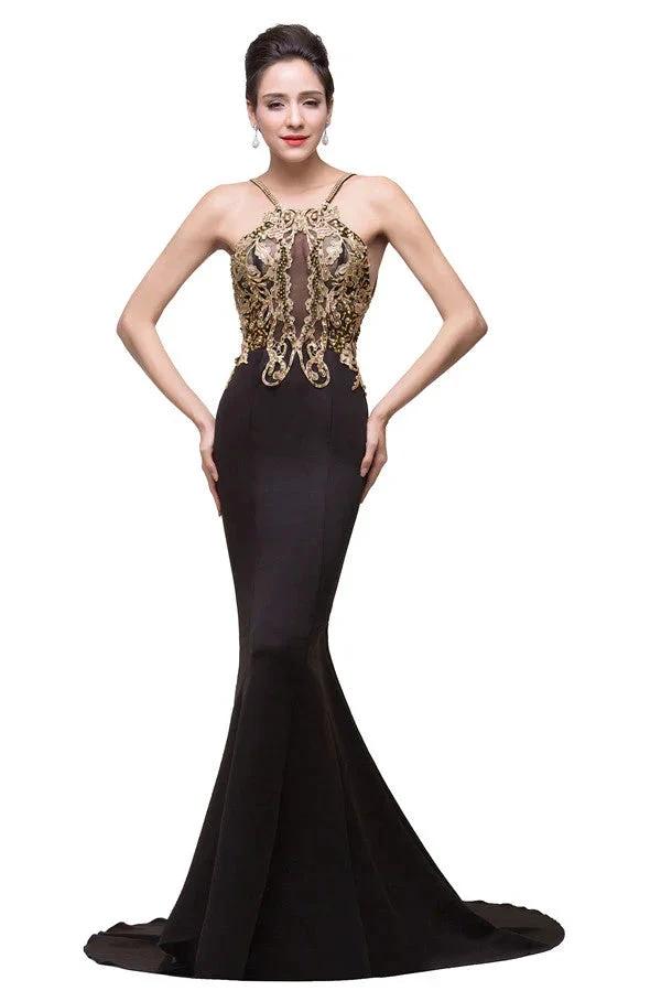 Mermaid Spaghetti strap Flower-length Black Formal Dresses with Beads by misshow.com