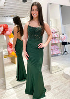 Jimena | Mermaid Spaghetti Straps Dark Green Long Prom Dress with Appliques by KissProm