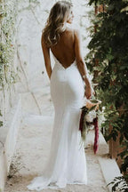 Mermaid Spaghetti Straps Low Cut Backless Lace Wedding Dress WD310 by pgmdress