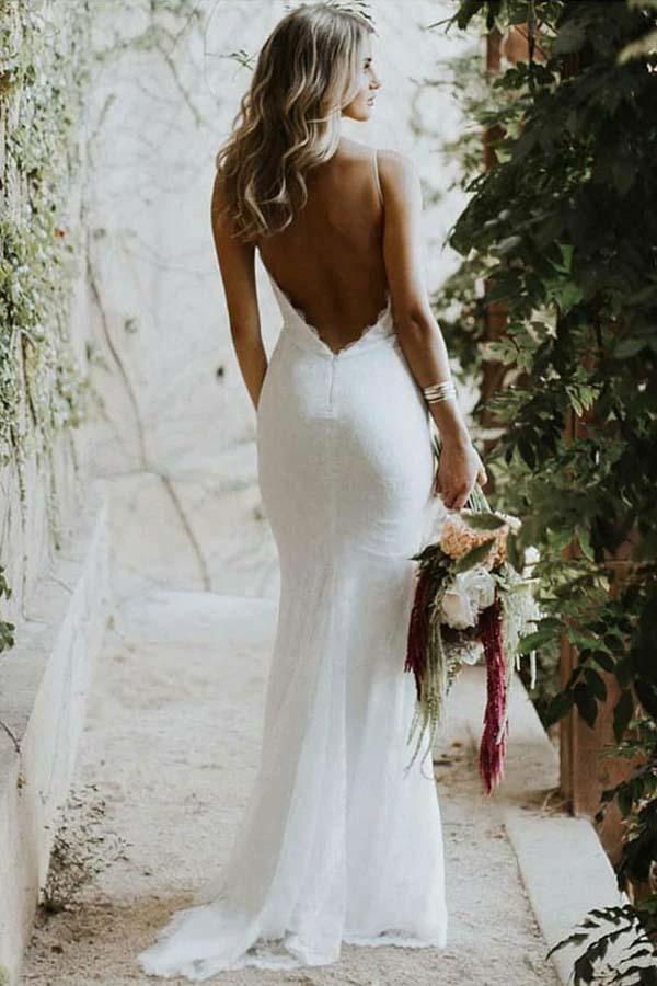 Mermaid Spaghetti Straps Low Cut Backless Lace Wedding Dress WD310 by pgmdress