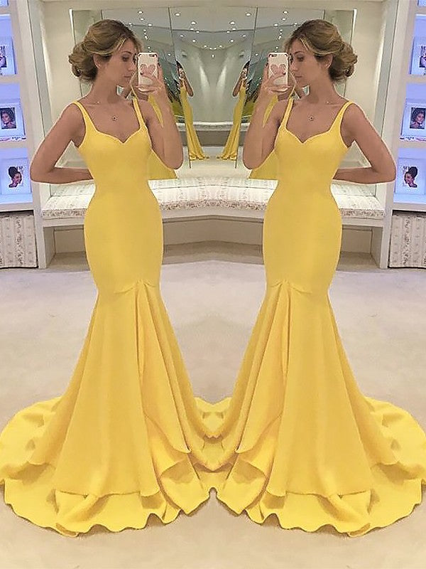 Mermaid Spaghetti Straps Sleeveless With Layers Satin Prom Dresses Hover Image