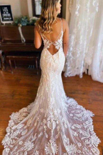 Mermaid Spaghetti Straps V-neck Backless Lace Wedding Dresses by misshow.com