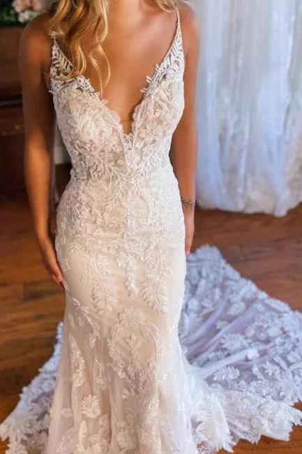 Mermaid Spaghetti Straps V-neck Backless Lace Wedding Dresses by misshow.com