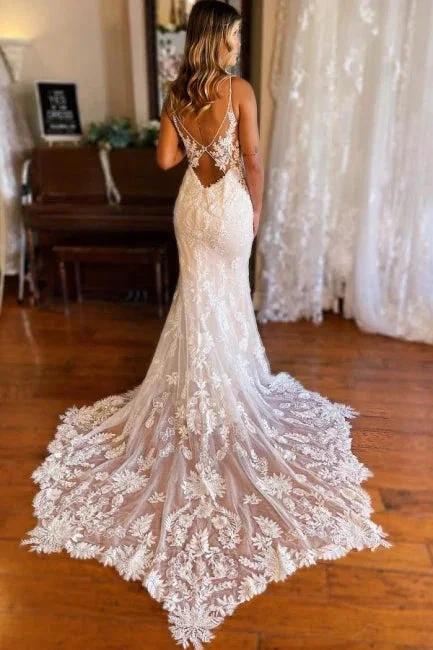 Mermaid Spaghetti Straps V-neck Backless Lace Wedding Dresses by misshow.com
