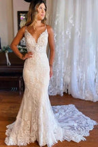 Mermaid Spaghetti Straps V-neck Backless Lace Wedding Dresses by misshow.com
