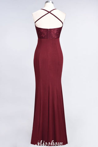 Vestido de dama de honor de sirena, de spandex, con encaje, tirantes finos, sin mangas y largo hasta el suelo