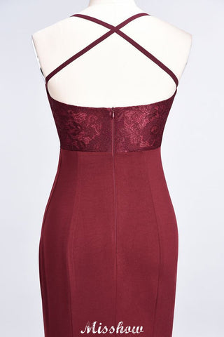 Vestido de dama de honor de sirena, de spandex, con encaje, tirantes finos, sin mangas y largo hasta el suelo