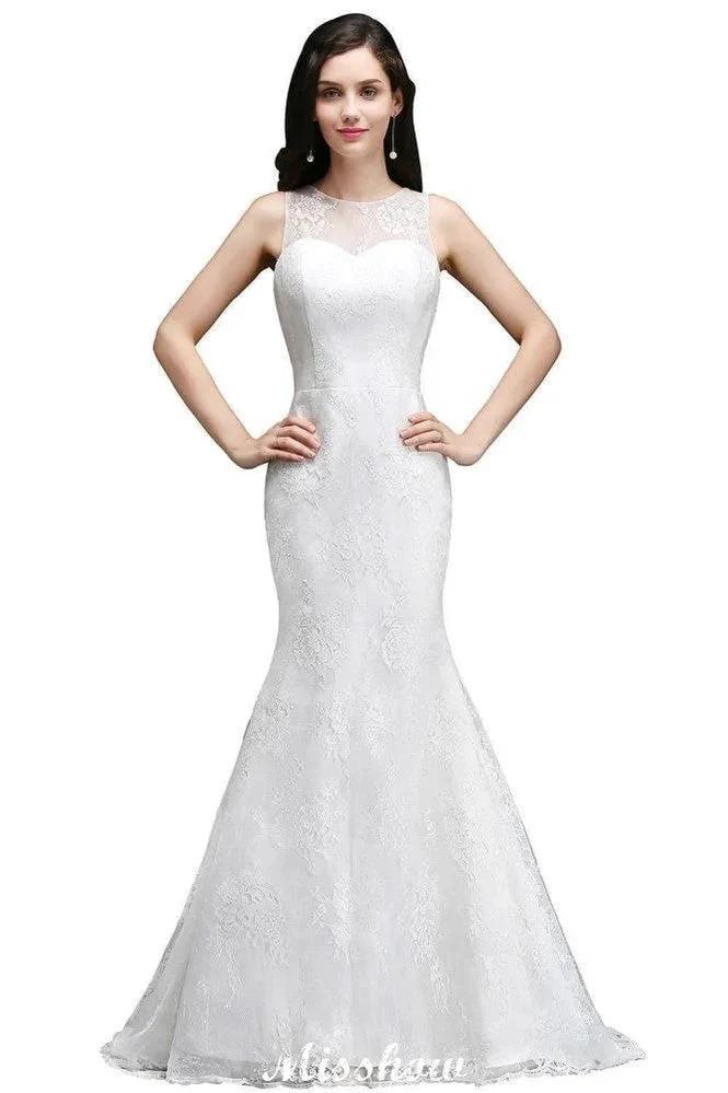 Mermaid Sweep Train Lace New Arrival Wedding Dresses with Buttons by misshow.com