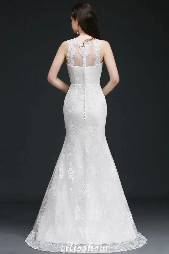 Mermaid Sweep Train Lace New Arrival Wedding Dresses with Buttons by misshow.com