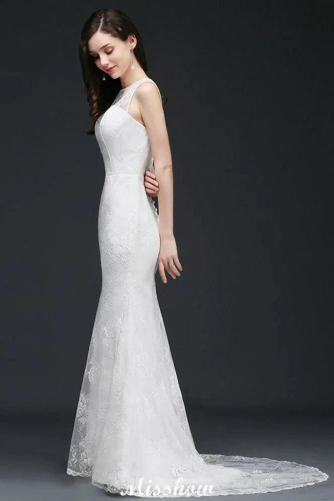 Mermaid Sweep Train Lace New Arrival Wedding Dresses with Buttons by misshow.com
