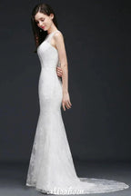 Mermaid Sweep Train Lace New Arrival Wedding Dresses with Buttons by misshow.com