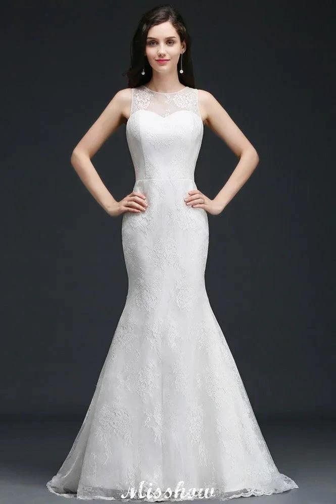 Mermaid Sweep Train Lace New Arrival Wedding Dresses with Buttons by misshow.com