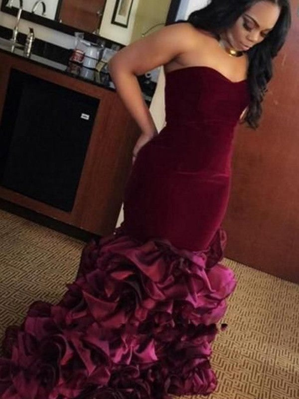 Mermaid Sweetheart Sleeveless With Ruffles Velvet Prom Dresses Hover Image