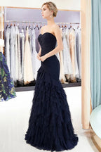 فستان سهرة طويل من التول ملفوف بدون أكتاف بتصميم حورية البحر وقصة صدر على شكل قلب