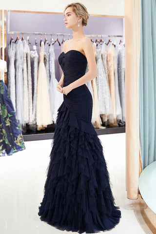Mermaid Sweetheart Strapless Draped Tulle Long Evening Dress