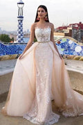 Mermaid \ Trumpet Jewel Neck Chapel Train Lace Tulle Lace Over Satin Regular Straps Formal See-Through Wedding Dresses by misshow.com