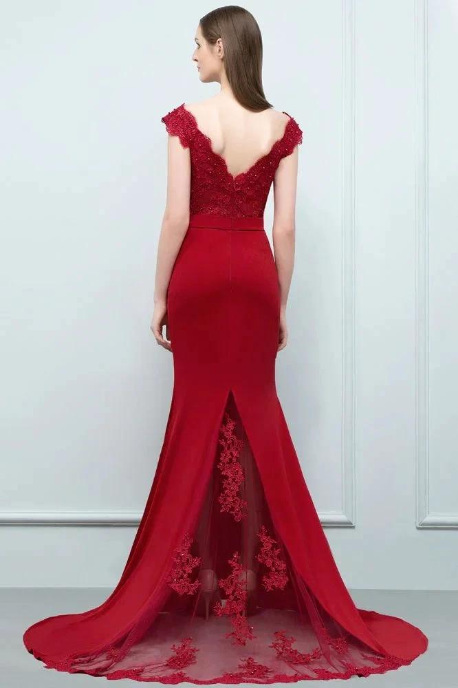 Mermaid V-neck Appliques Beads Floor Length Prom Dresses with Sash by misshow.com