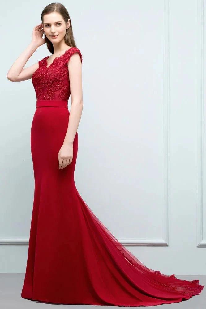 Mermaid V-neck Appliques Beads Floor Length Prom Dresses with Sash by misshow.com