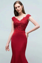 Mermaid V-neck Appliques Beads Floor Length Prom Dresses with Sash by misshow.com
