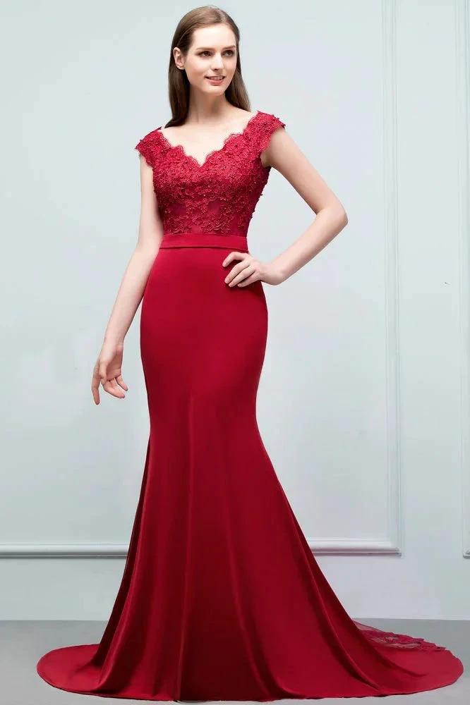 Mermaid V-neck Appliques Beads Floor Length Prom Dresses with Sash by misshow.com