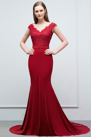 Mermaid V-neck Appliques Beads Floor Length Prom Dresses with Sash