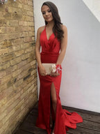 Mermaid V Neck Backless Backless Prom Dresses with Slit Halter Red Formal Evening Gowns by BIZTUNNEL